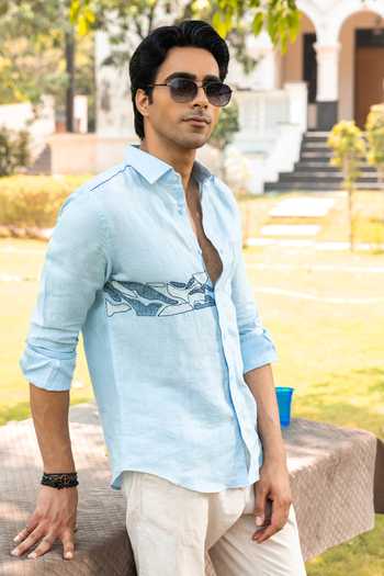 Shop_Heartistry by Anky_Sky Blue Linen Embroidery Drift Hand Shirt _at_Aza_Fashions