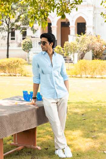Heartistry by Anky_Sky Blue Linen Embroidery Drift Hand Shirt _Online_at_Aza_Fashions
