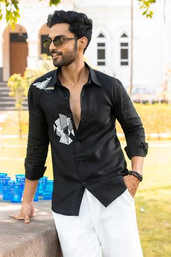 Buy_Heartistry by Anky_Black Linen Embroidery Midnight Hand Shirt _at_Aza_Fashions