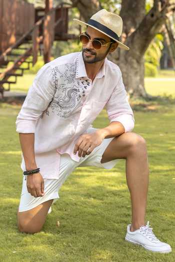 Shop_Heartistry by Anky_Pink Linen Embroidery Blush Hand Shirt _at_Aza_Fashions