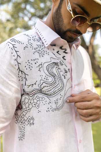 Heartistry by Anky_Pink Linen Embroidery Blush Hand Shirt _at_Aza_Fashions