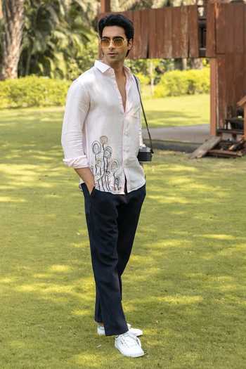 Heartistry by Anky_Pink Linen Embroidery Rose Hand Shirt _Online_at_Aza_Fashions