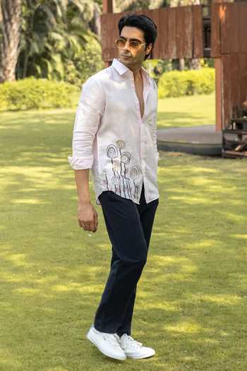 Shop_Heartistry by Anky_Pink Linen Embroidery Rose Hand Shirt _Online_at_Aza_Fashions