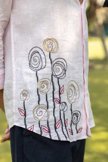 Heartistry by Anky_Pink Linen Embroidery Rose Hand Shirt _at_Aza_Fashions