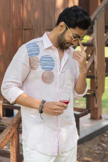 Shop_Heartistry by Anky_Pink Linen Embroidery Soft Petal Hand Shirt _at_Aza_Fashions