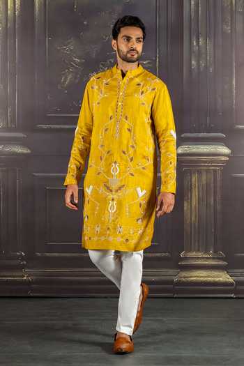 Buy_Heartistry by Anky_Mustard Silk, Brocade Embroidery Ember Hand Kurta _at_Aza_Fashions