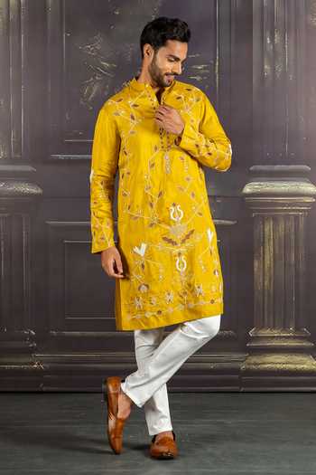 Heartistry by Anky_Mustard Silk, Brocade Embroidery Ember Hand Kurta _Online_at_Aza_Fashions