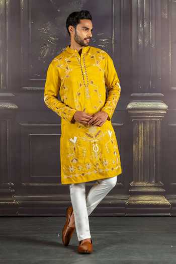 Shop_Heartistry by Anky_Mustard Silk, Brocade Embroidery Ember Hand Kurta _at_Aza_Fashions
