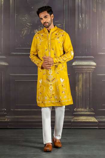 Buy_Heartistry by Anky_Mustard Silk, Brocade Embroidery Ember Hand Kurta _Online_at_Aza_Fashions