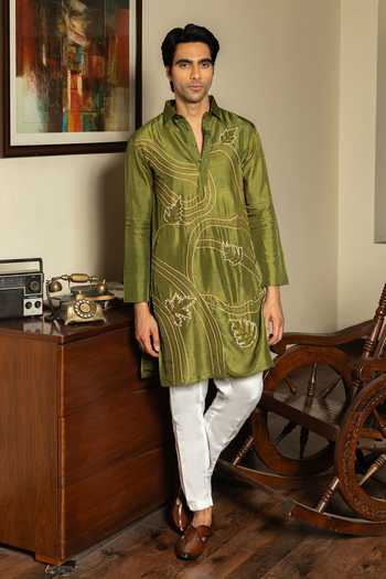 Heartistry by Anky_Green Silk Embroidery Hand Banarasi Kurta _Online_at_Aza_Fashions