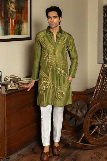 Buy_Heartistry by Anky_Green Silk Embroidery Hand Banarasi Kurta _Online_at_Aza_Fashions