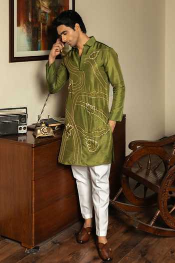 Shop_Heartistry by Anky_Green Silk Embroidery Hand Banarasi Kurta _Online_at_Aza_Fashions
