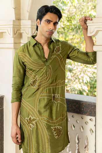 Shop_Heartistry by Anky_Green Silk Embroidery Hand Banarasi Kurta _at_Aza_Fashions