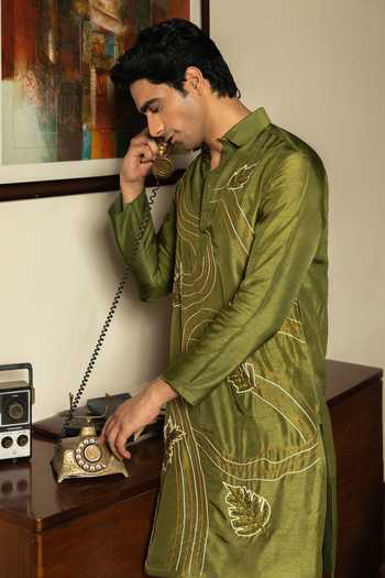 Heartistry by Anky_Green Silk Embroidery Hand Banarasi Kurta _at_Aza_Fashions
