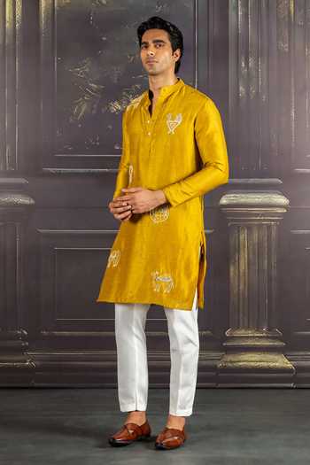 Shop_Heartistry by Anky_Mustard Silk, Brocade Embroidery Sunset Glow Hand Kurta _at_Aza_Fashions
