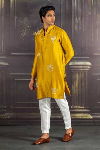 Buy_Heartistry by Anky_Mustard Silk, Brocade Embroidery Sunset Glow Hand Kurta _at_Aza_Fashions