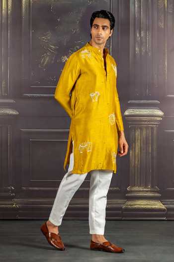 Heartistry by Anky_Mustard Silk, Brocade Embroidery Sunset Glow Hand Kurta _Online_at_Aza_Fashions