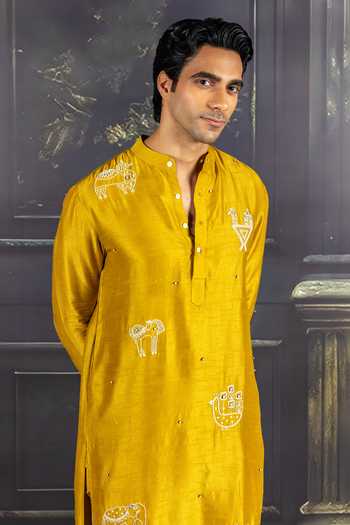 Buy_Heartistry by Anky_Mustard Silk, Brocade Embroidery Sunset Glow Hand Kurta _Online_at_Aza_Fashions