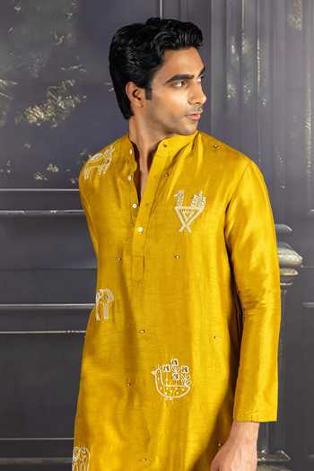 Shop_Heartistry by Anky_Mustard Silk, Brocade Embroidery Sunset Glow Hand Kurta _Online_at_Aza_Fashions