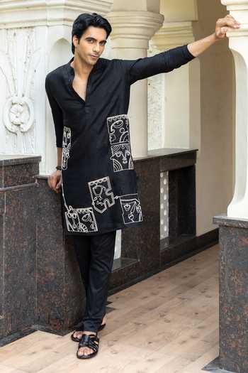 Shop_Heartistry by Anky_Black Linen Embroidery The Noir Hand Kurta _at_Aza_Fashions