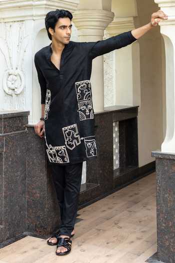 Shop_Heartistry by Anky_Black Linen Embroidery The Noir Hand Kurta _Online_at_Aza_Fashions