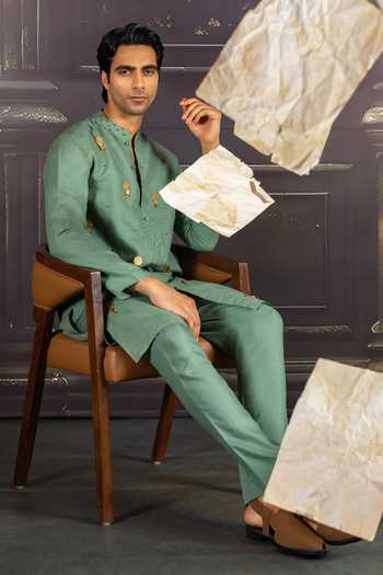 Heartistry by Anky_Green Linen Embroidery Aqua Hand Kurta _Online_at_Aza_Fashions