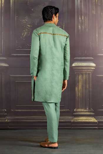 Shop_Heartistry by Anky_Green Linen Embroidery Aqua Hand Kurta _at_Aza_Fashions