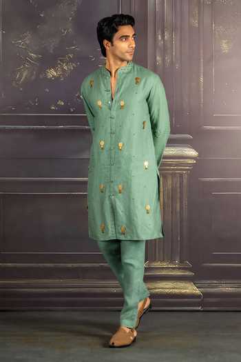 Buy_Heartistry by Anky_Green Linen Embroidery Aqua Hand Kurta _Online_at_Aza_Fashions
