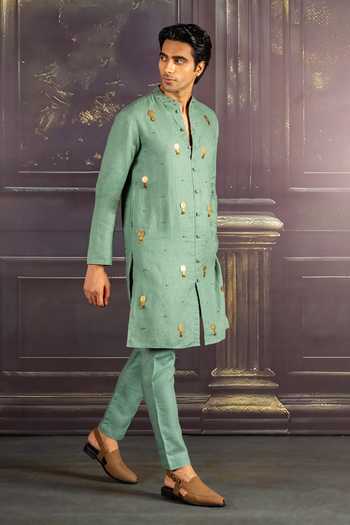 Shop_Heartistry by Anky_Green Linen Embroidery Aqua Hand Kurta _Online_at_Aza_Fashions