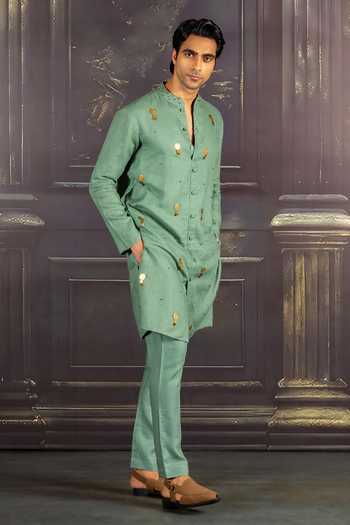Heartistry by Anky_Green Linen Embroidery Aqua Hand Kurta _at_Aza_Fashions