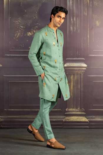 Buy_Heartistry by Anky_Green Linen Embroidery Aqua Hand Kurta 