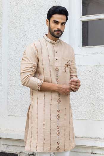 Shop_Heartistry by Anky_Brown Linen Embroidery Cinnamon Hand Kurta _at_Aza_Fashions