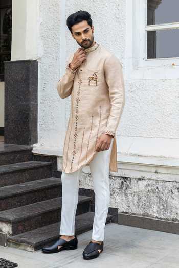 Heartistry by Anky_Brown Linen Embroidery Cinnamon Hand Kurta _Online_at_Aza_Fashions