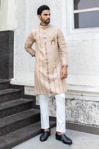 Buy_Heartistry by Anky_Brown Linen Embroidery Cinnamon Hand Kurta _at_Aza_Fashions