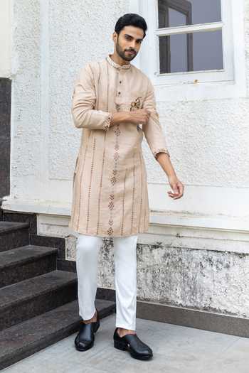 Shop_Heartistry by Anky_Brown Linen Embroidery Cinnamon Hand Kurta _Online_at_Aza_Fashions