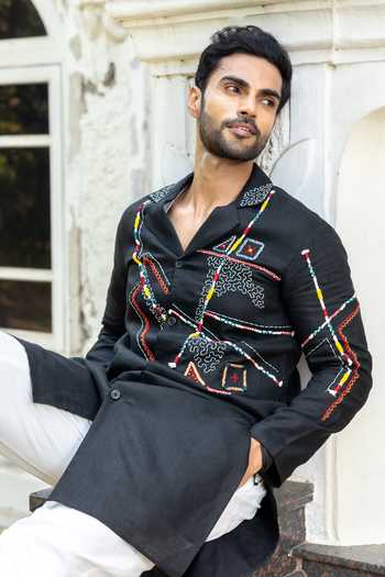 Heartistry by Anky_Black Linen Embroidery Onyx Hand Kurta _Online_at_Aza_Fashions