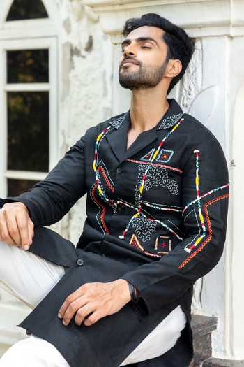Buy_Heartistry by Anky_Black Linen Embroidery Onyx Hand Kurta _Online_at_Aza_Fashions