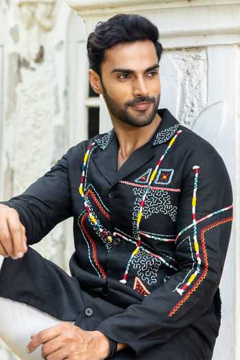 Heartistry by Anky_Black Linen Embroidery Onyx Hand Kurta _at_Aza_Fashions