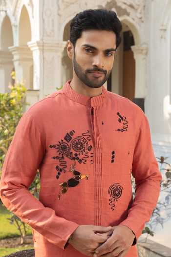 Heartistry by Anky_Orange Linen Embroidery Tangerine Hand Kurta _Online_at_Aza_Fashions