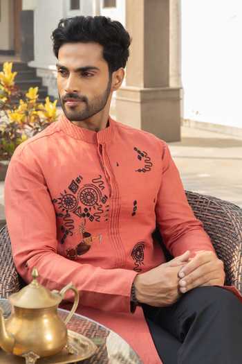 Buy_Heartistry by Anky_Orange Linen Embroidery Tangerine Hand Kurta _Online_at_Aza_Fashions