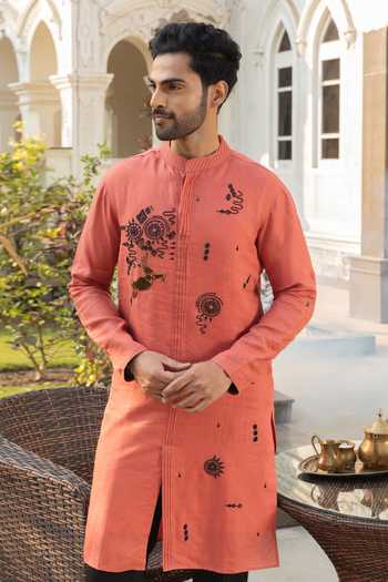 Shop_Heartistry by Anky_Orange Linen Embroidery Tangerine Hand Kurta _Online_at_Aza_Fashions