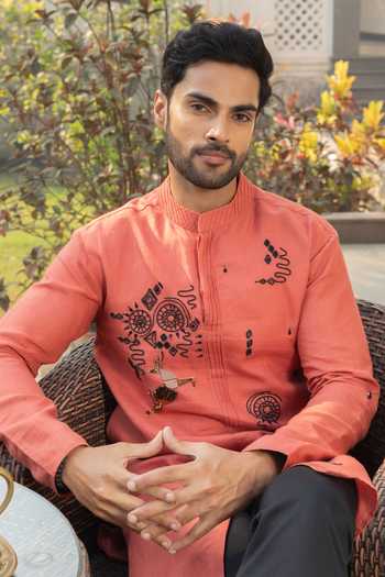 Heartistry by Anky_Orange Linen Embroidery Tangerine Hand Kurta _at_Aza_Fashions