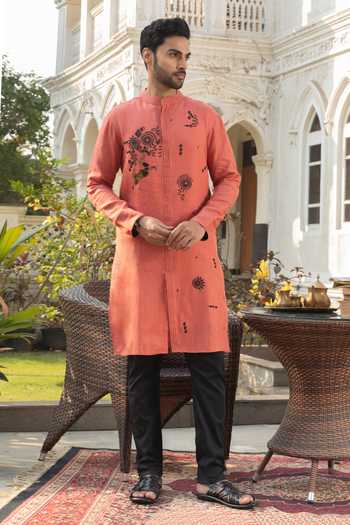 Buy_Heartistry by Anky_Orange Linen Embroidery Tangerine Hand Kurta _at_Aza_Fashions