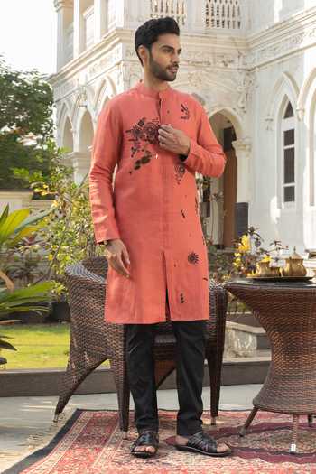 Shop_Heartistry by Anky_Orange Linen Embroidery Tangerine Hand Kurta _at_Aza_Fashions