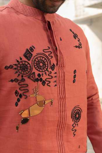Buy_Heartistry by Anky_Orange Linen Embroidery Tangerine Hand Kurta 