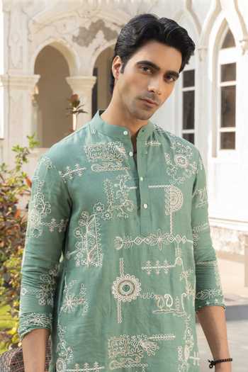 Heartistry by Anky_Green Linen Embroidery Cloud Hand Kurta _Online_at_Aza_Fashions