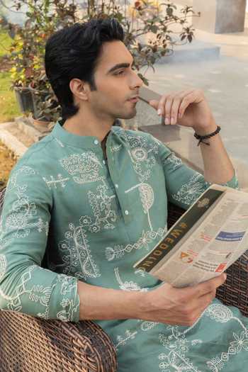 Shop_Heartistry by Anky_Green Linen Embroidery Cloud Hand Kurta _at_Aza_Fashions