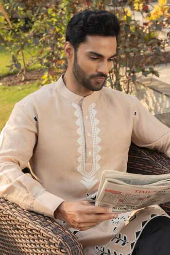 Shop_Heartistry by Anky_Cream Linen Embroidery Hand Kurta _Online_at_Aza_Fashions