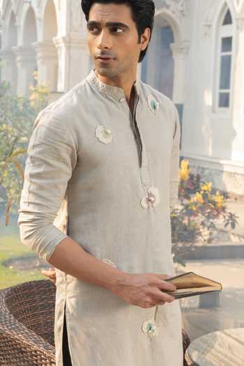 Heartistry by Anky_Grey Linen Embroidery Silver Mist Hand Kurta _Online_at_Aza_Fashions