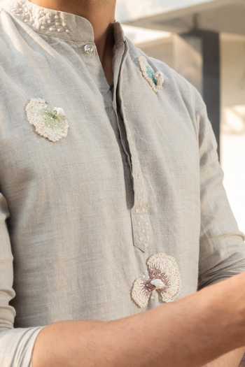 Buy_Heartistry by Anky_Grey Linen Embroidery Silver Mist Hand Kurta _Online_at_Aza_Fashions